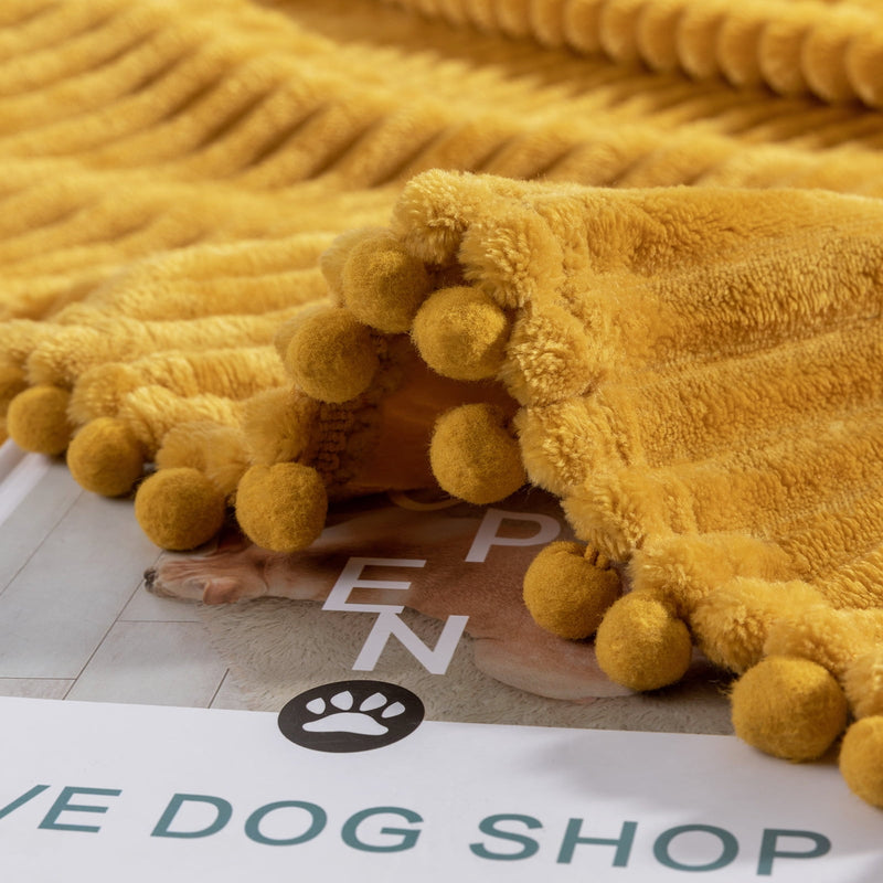 DISSA Flannel Fleece Blanket Soft Large Throw Blanket with Pompom Fringe Lightweight Cozy Plush Blanket Fit Sofa Bed(Mustard Yellow,51x63